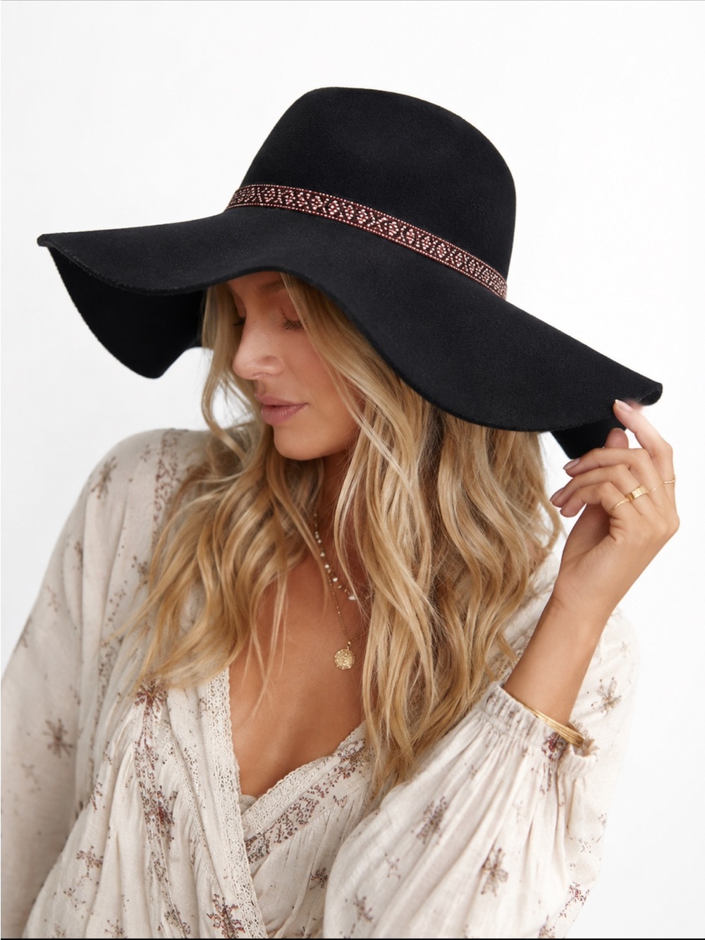 American Eagle Black Wide Brim Fedora Wool Hat Pattern Band One Size